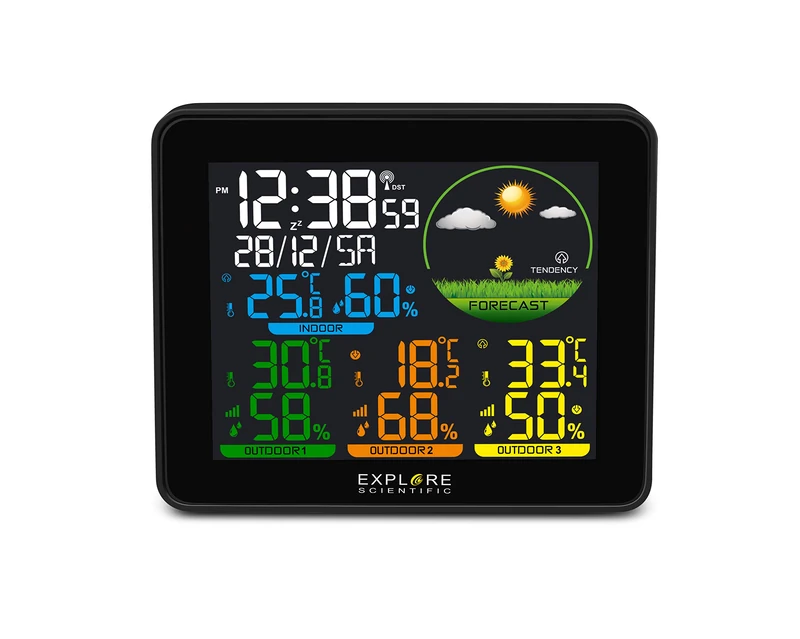 Explore Scientific Wireless Weather Station with Outdoor Sensor, Colour Display, Weather Forecast, DCF Radio Signal and 3 Outdoor Sensors