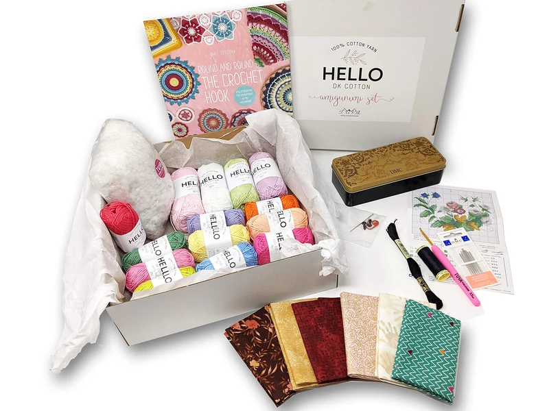 Hello Cotton Amigurumi Sets, Round and Round The Crochet Hook Book, Yarns, Fabric and Sewing kit | ARTCA02 - Image 1