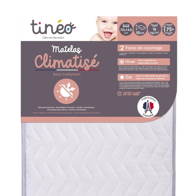 Tinéo - Air-conditioned mattress 70x140x10cm - Baby mattress - Air-conditioned - 1 summer side - 1 side winter - without treatment - Density 20kg/m3 - Made in France