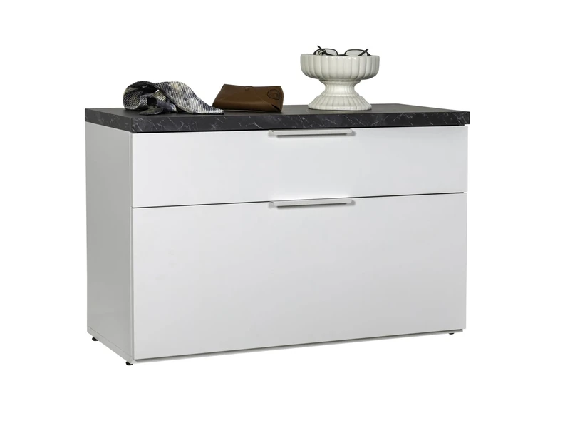 COMPOSAD | MUNDI Line Shoe Rack with 1 Drawer and 1 Flap Shoe Rack Bench, Space-Saving Entrance Cabinet, (WxHxD) 82.3 x 53.3 x 35.3 cm, Marble and White Lacquer, Made in Italy