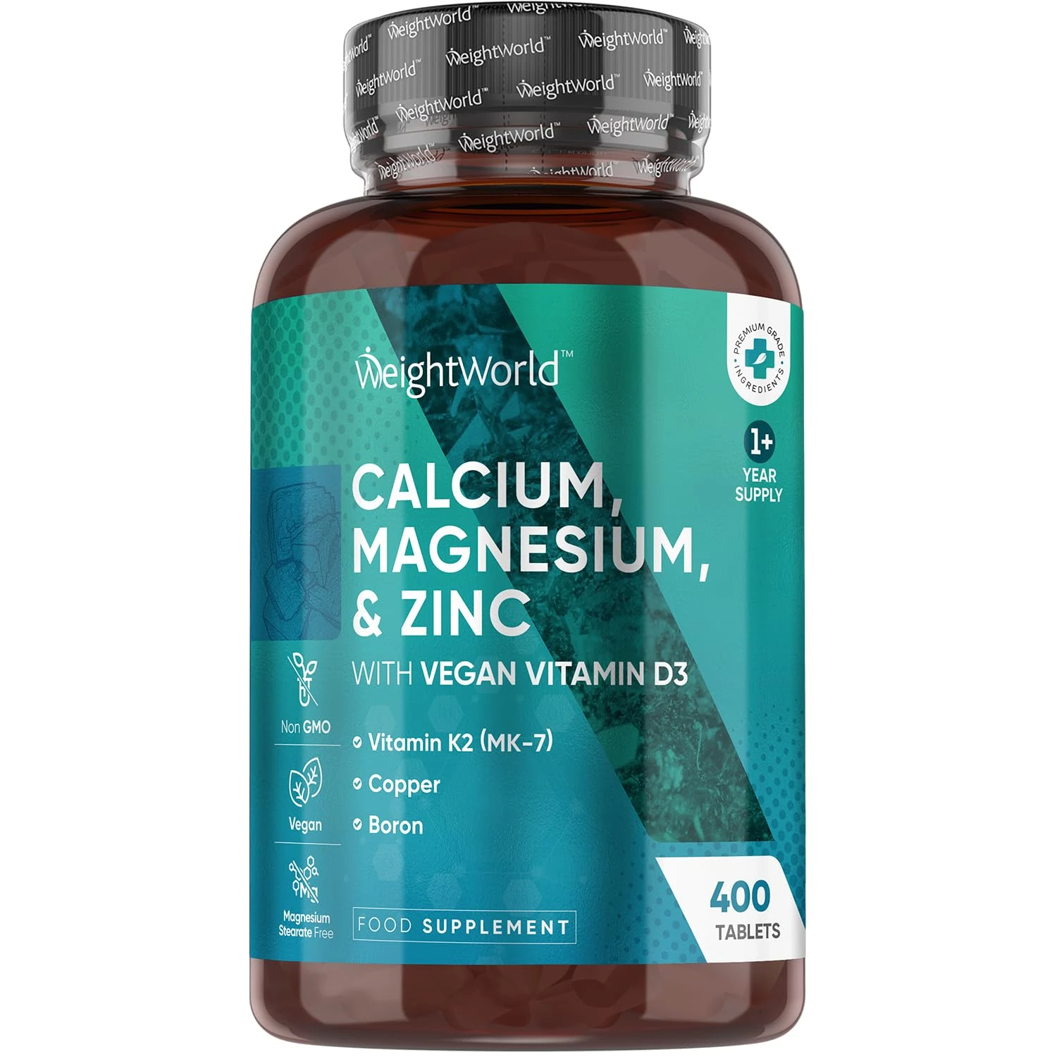 WeightWorld Calcium, Magnesium, Zinc and Vitamin D Supplement | 1+ Year Supply | 400 Vegan Tablets | Calcium Tablets with Vitamin K2, Vitamin D, Copper & Selenium | Magnesium Stearate-Free
