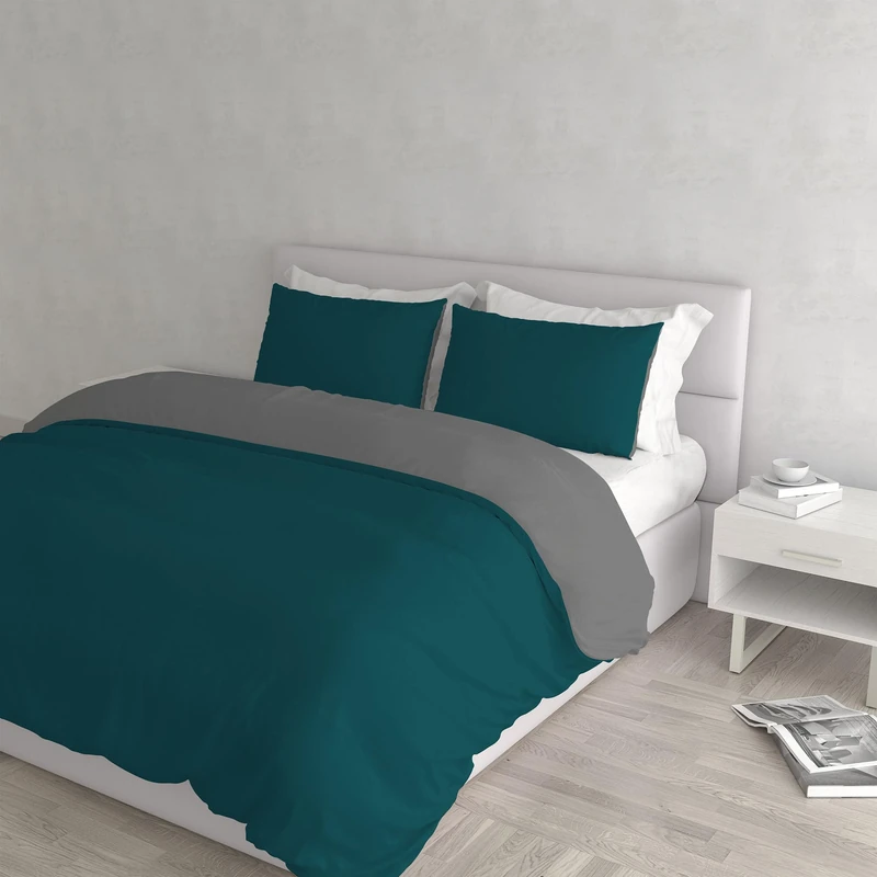 Natural Colour Duvet Cover Set, Petrol green/Smoky gray, Double