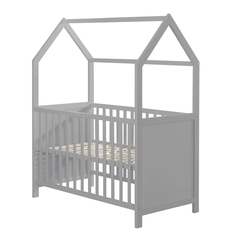 roba Wooden House Bed 60x120 cm - Certfied Baby and Room Bed - Height-Adjustable with Removable Rungs (Grey)