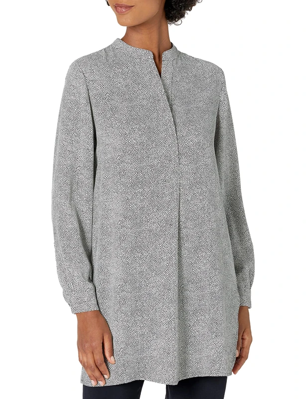 Anne Klein Women's Split Neck Long Tunic Blouse Shirt, Anne White/Anne Black, Small - Image 1