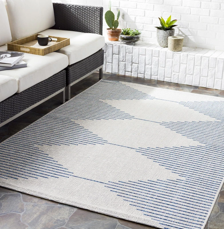 Livabliss Sevilla Indoor Outdoor Rug - Large Boho Rugs for Living Room 160x213 cm Dining, Kitchen Carpet, Patterned Neutral and Coloured Rugs, Waterproof, Stain Durable - Blue and Ivory