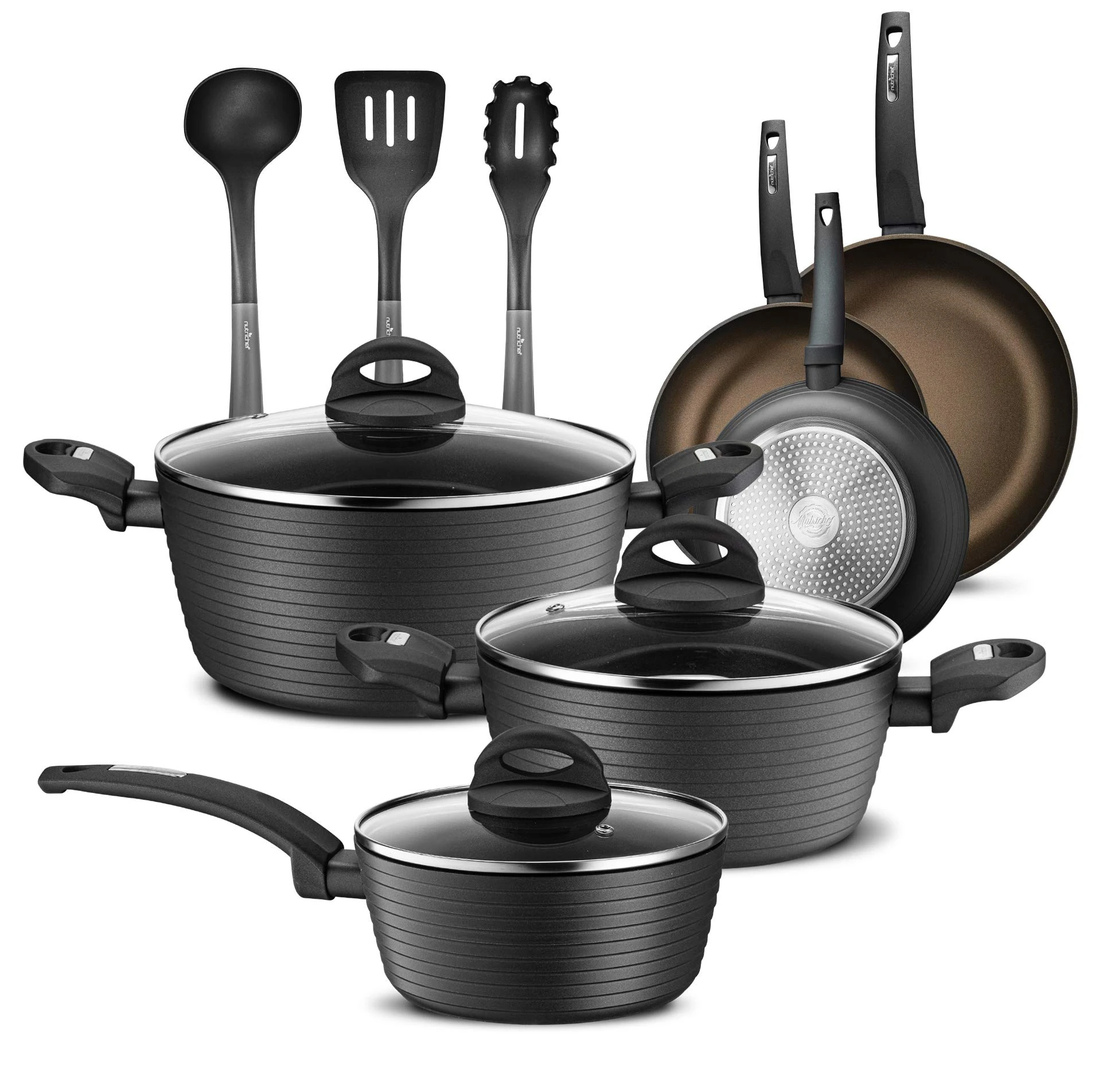 NutriChef NCCW12S.5 Kitchenware Pots & Pans Kitchen Cookware Stylish Metallic Ridge-Line Pattern, Non-Stick (12-Piece Set), 18/8 Stainless Steel, Gray