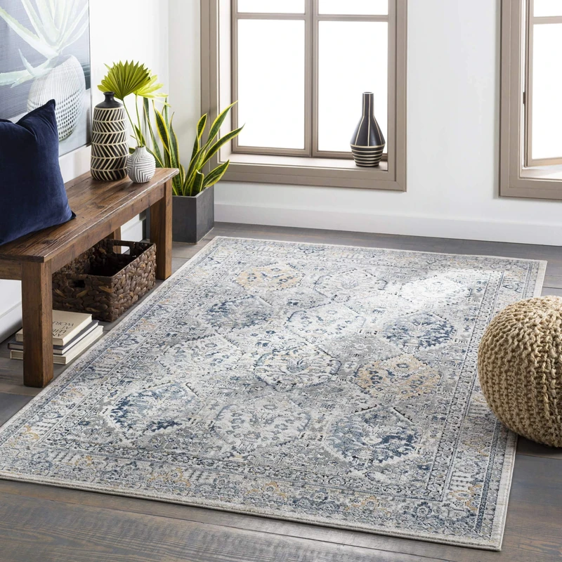 Livabliss Mayfair Vintage Rug - Area Rugs for Living Room 160x220 cm, Bedroom - Scandi Neutral Traditional Patterned Boho Style, Natural Easy Care Pile - Large Grey and Blue