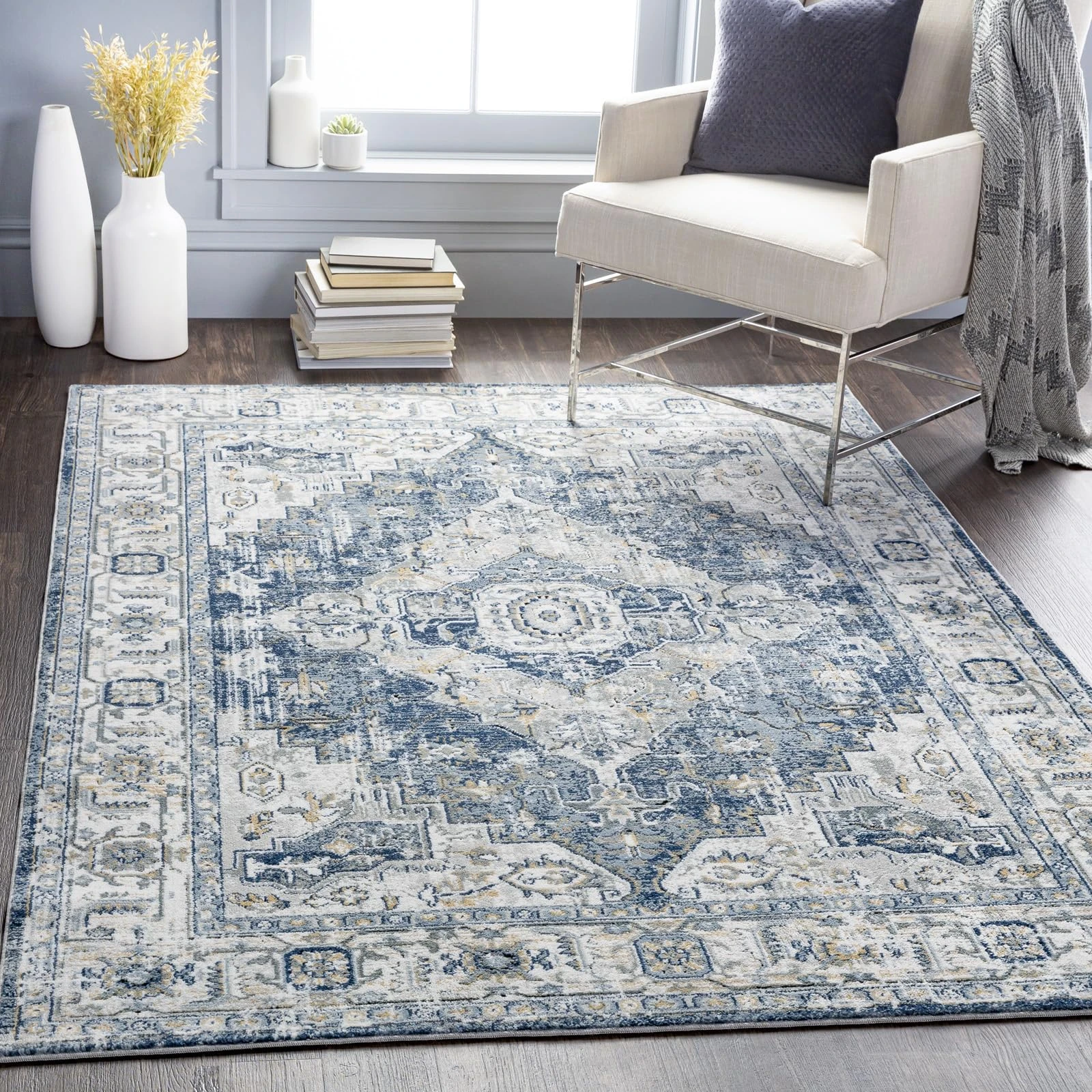Livabliss London Vintage Rug - Area Rugs Living Room 160x220 cm, Dining Floor, Kitchen, Traditional Multicoloured Boho Style, Easy Care Pile, Bohemian Large Rug, Blue and Grey
