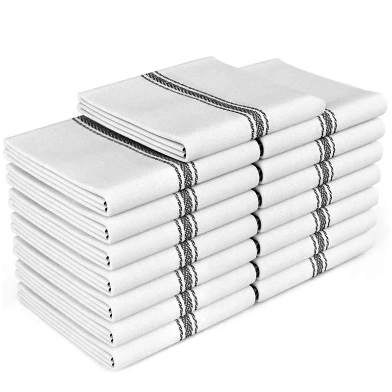 Zeppoli 15-Pack Kitchen Tea Towels – 100% Cotton Dish Cloth Set for Drying & Cleaning – Soft, Absorbent & Reusable – White with Black Stripes