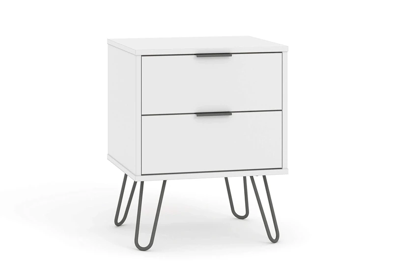 Home Source Bedside Cabinet Lamp Side Table, Textured White Finish, Grey Hairpin Legs, 2 Drawer