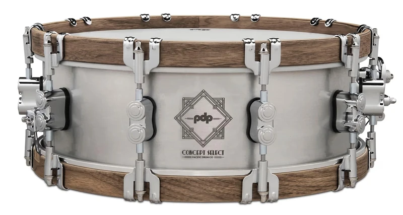 Pacific Drums Concept Select Metal Snare, 14" x 5", 3mm Aluminum/Walnut Wood Hoops | A stylish snare drum with a stout brushed shell and Walnut wood counter hoops