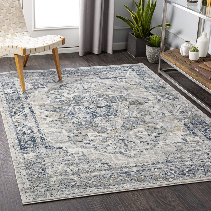 Livabliss Ascot Vintage Area Rug – Scandi Neutral Rug for Living Room & Bedroom, 200x275 cm, Traditional Patterned Boho Style, Easy-Care Pile, Grey and Blue