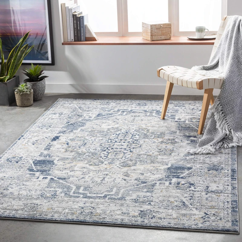 Livabliss Ascot Vintage Rug - Area Rugs Living Room 200x275 cm, Dining Floor, Kitchen, Traditional Multicoloured Boho Easy Care Pile, Bohemian Large Navy, Grey, Tan, Black Rug