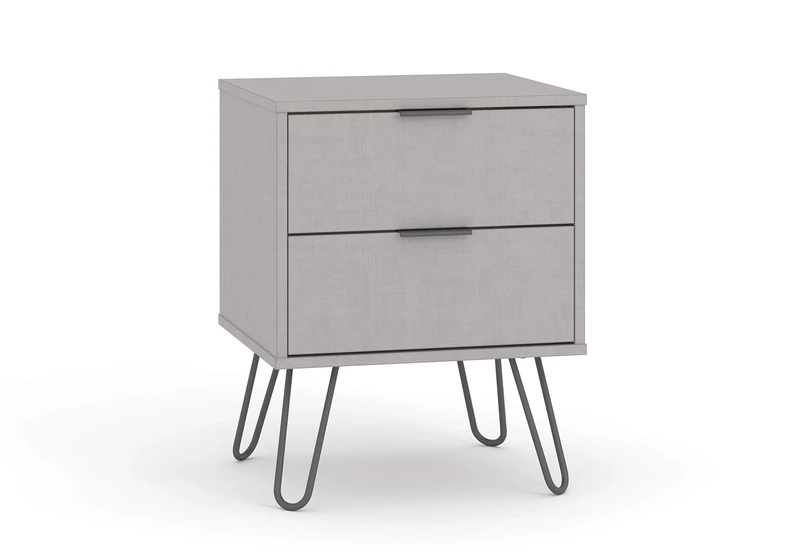 Home Source Bedside Cabinet Lamp Side Table, Textured Grey Finish, Grey Hairpin Legs, 2 Drawer