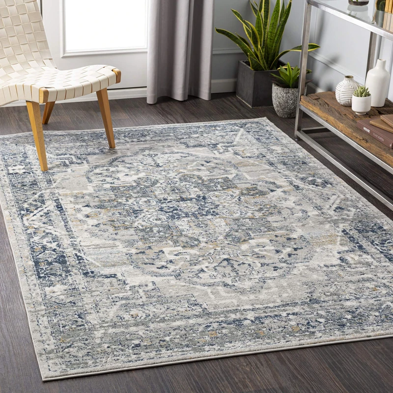 Livabliss Ascot Vintage Rug - Area Rugs for Living Room 160x220 cm, Bedroom - Scandi Neutral Traditional Patterned Boho Style, Natural Easy Care Pile - Large Grey and Blue