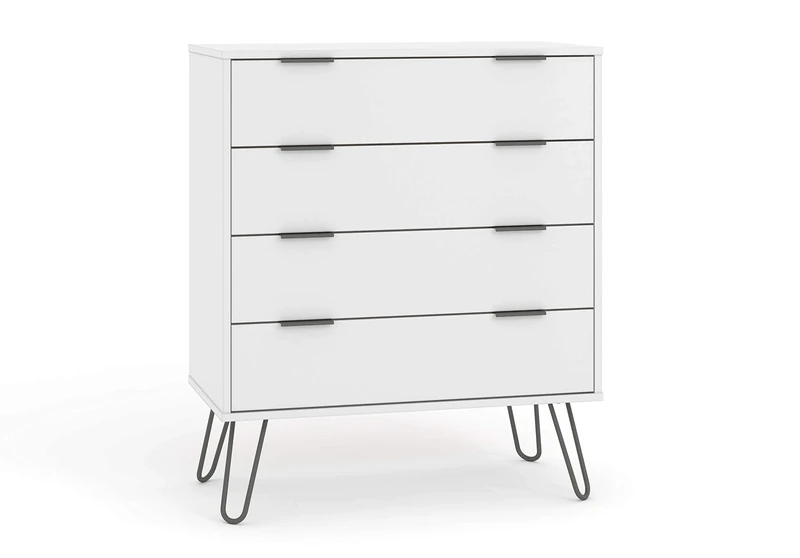 Home Source Chest of Drawers Cabinet Organiser, Wooden Industrial Bedroom Storage, Hairpin Legs, White, 4 Drawer