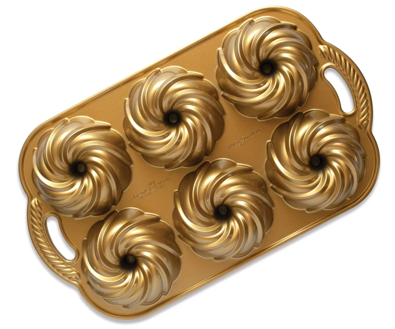 Nordic Ware Swirl Bundtlette Pan, Cast Aluminium Bundt Tin, Bundt Cake Tin with Swirl Pattern, Premium Cake Mould Made in The USA, Colour: Gold