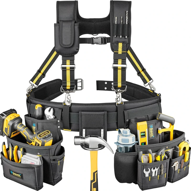 Bravex Tool Belt Suspenders - Tool Vest Pro Ultra 20 Bags Y-Style Tool Belts 5 Combo Apron Tool Pouch for Framers Carpenter Electrician 1200D Ballistic Nylon