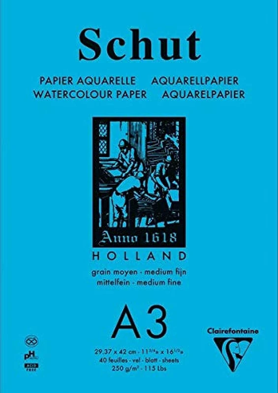 Clairefontaine - Ref 975735C - Schut Aquarelle White Watercolour Drawing Pad (40 Sheets) - A3 (29.7 x 42cm) in Size, 250gsm Heavyweight Paper, Acid Free, pH Neutral