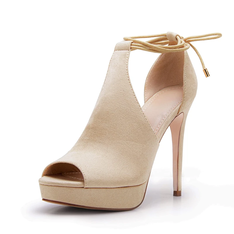 Womens Peep Toe Platform Heels Sexy Sandals Strappy Lace Up Tie Stilettos Dress Pumps Shoes, 1-beige, 2.5 UK