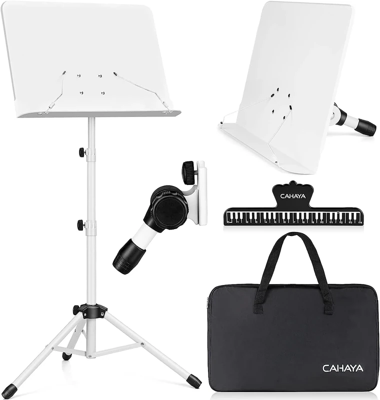 CAHAYA Metal Music Stand Foldable Height Adjustable Music Stand & Table Stand 2 in 1 Dual Use with Waterproof Carry Bag, White CY0194-2