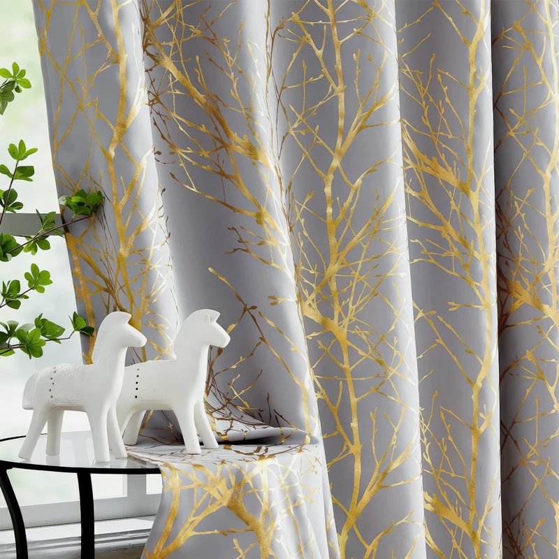 Fmfunctex 100% Blackout Curtains for Bedroom, Curtains 84 Inches Long Gold on Grey Tree Curtains for Living Room, Gold Foil Room Darkening Thermal Insulated Branch Curtain, 2 Panels Grommet Top
