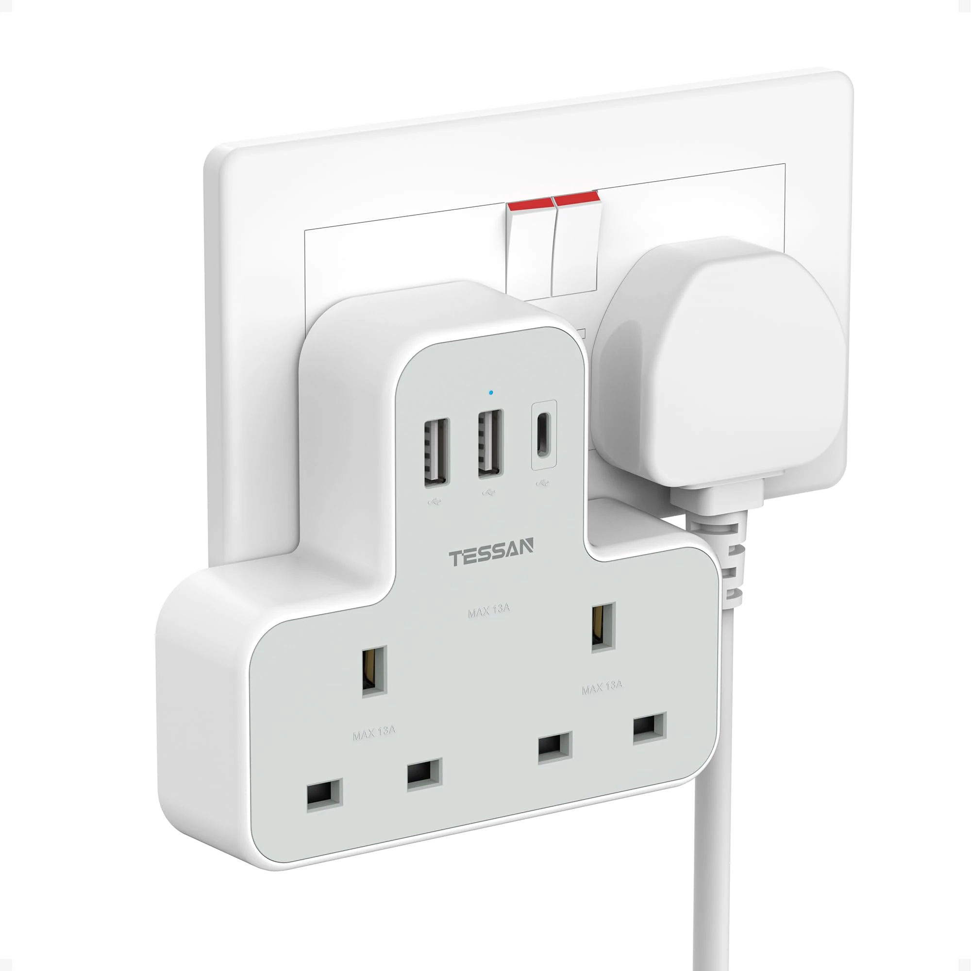 Plug Adapter with 3 USB Ports, TESSAN Double Plug Adaptor UK, 2 Way MultiPlug Extension with USB Charger, Slim Power Extender for Office, University Essentials