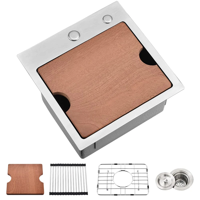 15 Inch Bar Sink Drop in Workstation-VASOYO 15x15 Small Kitchen Sink Drop in Bar Sink 16 Gauge Stainless Steel Bar Prep Sink Outdoor Rv Single Bowl Kitchen Bar Sink with Cutting Board