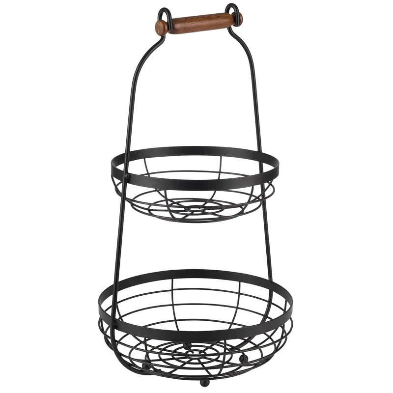 APS Serving Rack with Two Baskets and Wooden Handle - 2-Tier Metal Cake Stand, Black, Height 48 cm, Diameter 26 cm