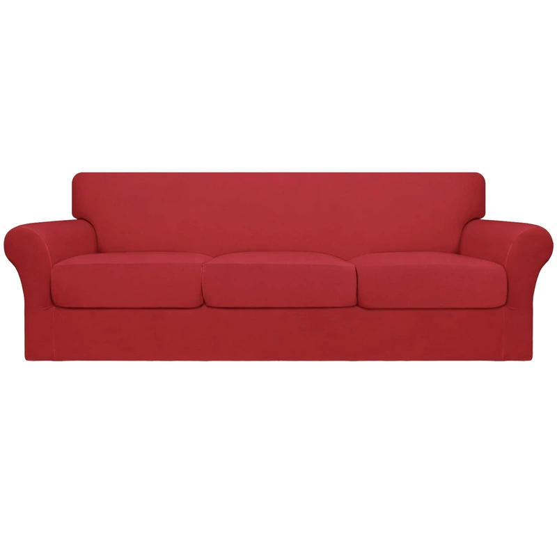 Easy-Going 4 Pieces Oversized Stretch Soft Couch Cover for Dogs - Washable Sofa Slipcover for 3 Separate Cushion Couch - Elastic Furniture Protector for Pets, Kids Christmas Red - Image 1