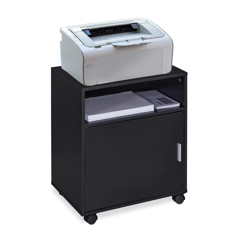 Relaxdays Office Cabinet, Storage, 3 Shelves, Cupboard, Tray, Home, Printer Table, Wheels, HxWxD: 57x48x34 cm, Black