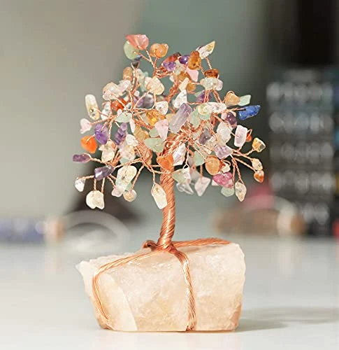 Crocon Seven Chakra Gemstone Money Tree with Clear Quartz Rough Wire Wrapped Base | Feng Shui Bonsai | Ornament Figurine | Reiki Crystal Healing | Chakra Balancing | Spiritual | Decor Size 5-6"