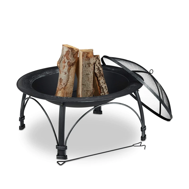 Relaxdays Garden Fire Pit with Spark Protection & Poker Patio HxD 59 x 89 cm Outdoor Fire Pit Black