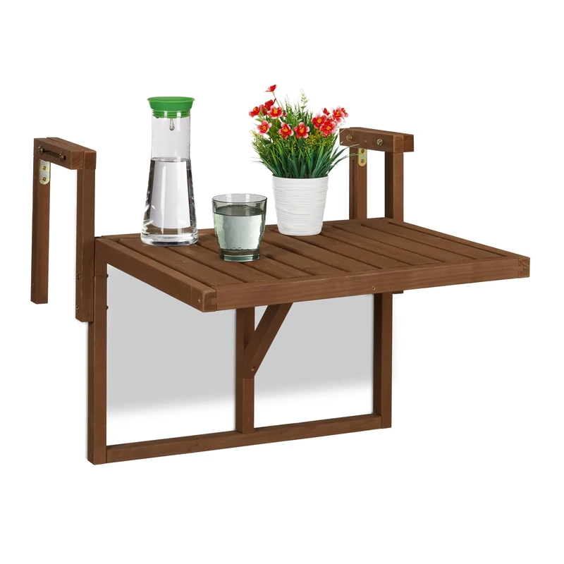 Relaxdays Folding Balcony Table, Hangs on Terrace Ledge, WxD: 60x45 cm, Height Adjustable, Small Deck Table, Wood, Brown