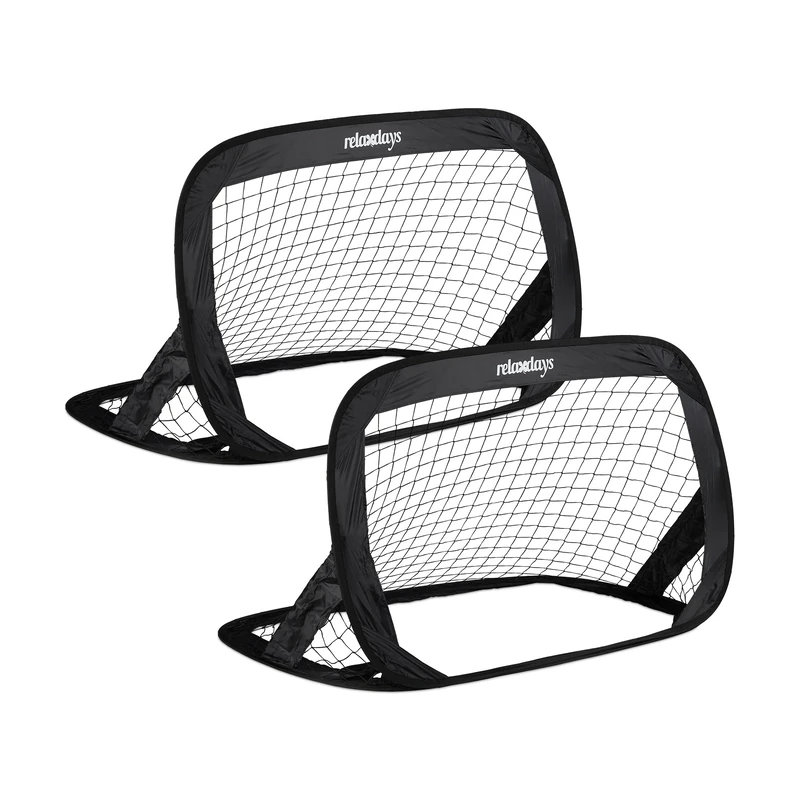 Relaxdays Pop Up Goals Set of 2, Foldable Football Goals for Garden, with Bag and Pegs, HWD: 77 x 122 x 83 cm, Black