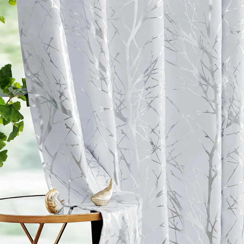 Fmfunctex 100% Blackout Curtains Silver White Curtains 63 Inches Length for Bedroom, Metallic Foil Tree Branch Patterned Panels for Living Room Darkening Window Drapes Thermal Insulated, 2 Panels