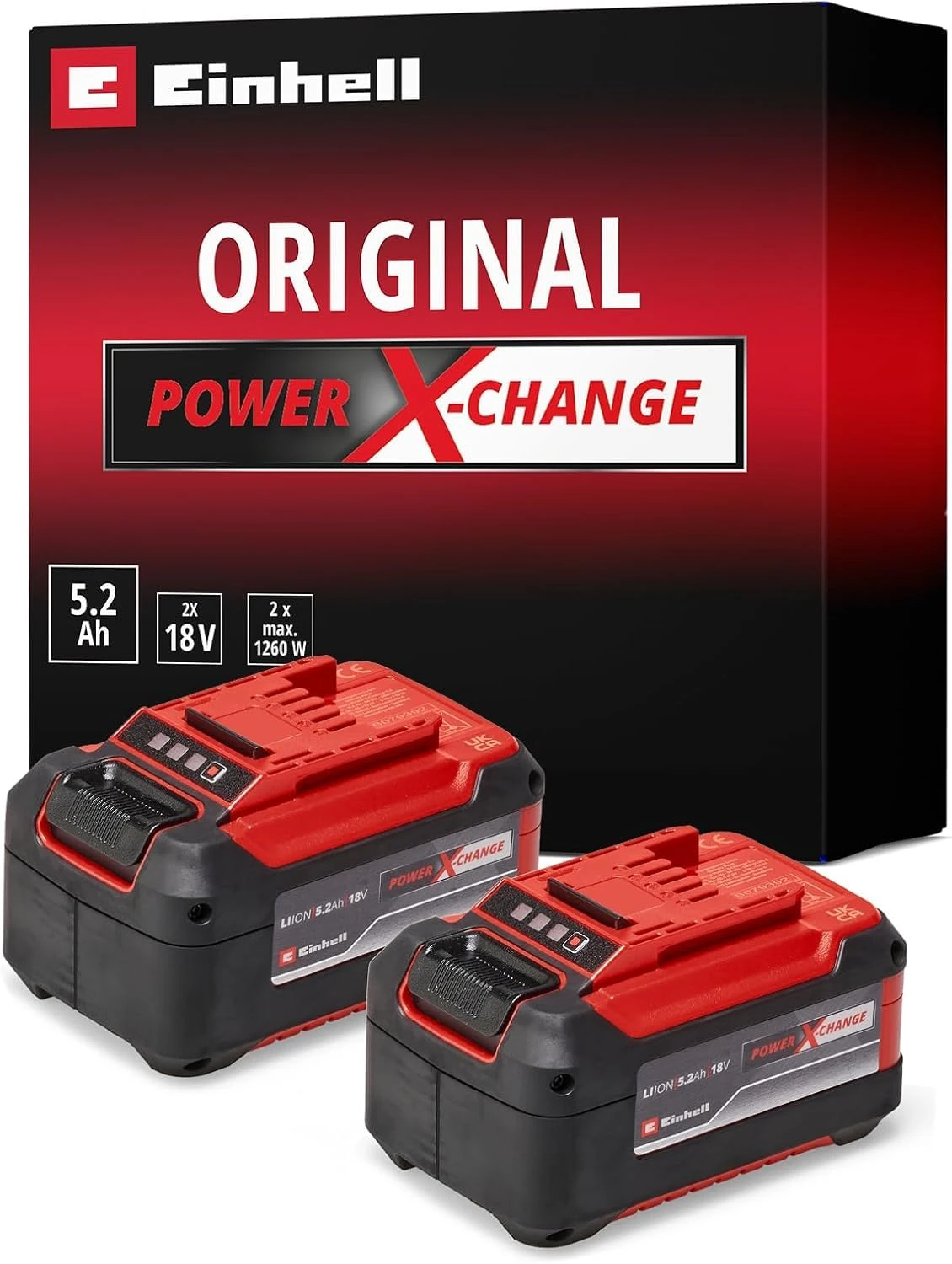 Einhell Power X-Change 18V, 5.2Ah Lithium-Ion Battery Twin Pack - 2 x 5,2Ah Batteries Universally Compatible With All Einhell PXC Power Tools And Garden Machines