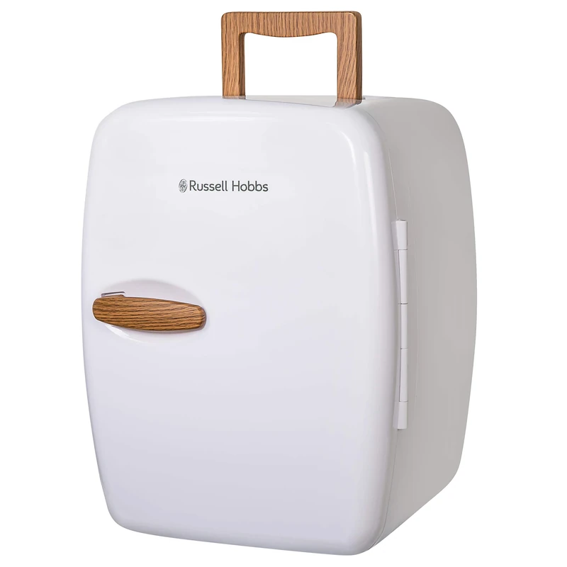 Russell Hobbs Mini Fridge RH14CLR4001SCW 14L/14 Can Portable Mini Cooler & Warmer for Drinks, Cosmetics/Makeup, AC/DC Power, Scandi Style, White & Wood Effect, For Bedroom, Home, Caravan, Car