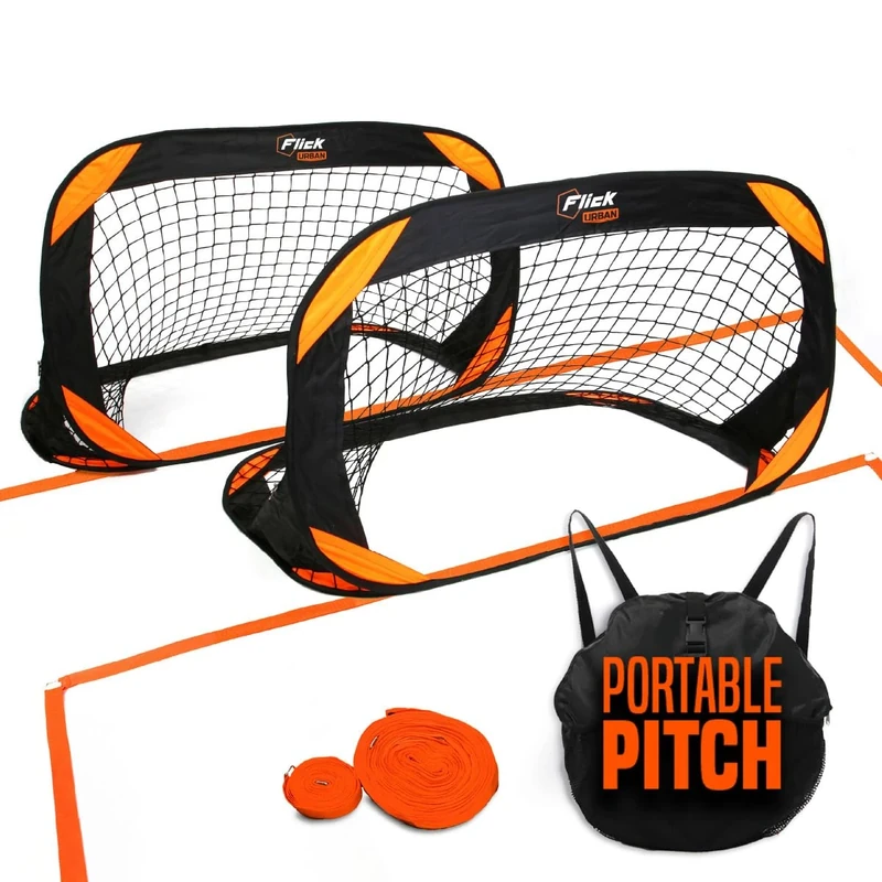 Flick Urban Pitch Pack | Portable Football Pitch Includes 2 x Compact Pop-Up Goals, Pitch Marker and Backpack