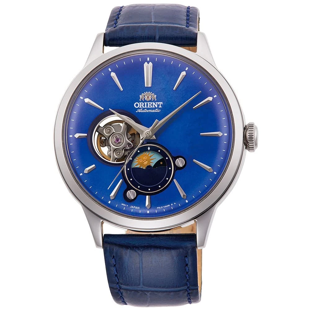 Orient Sun & Moon Watch Men's Automatic Hand Winding Elegant Steel or Leather Wrist Watch with Day and Night Function, Blue, Bracelet