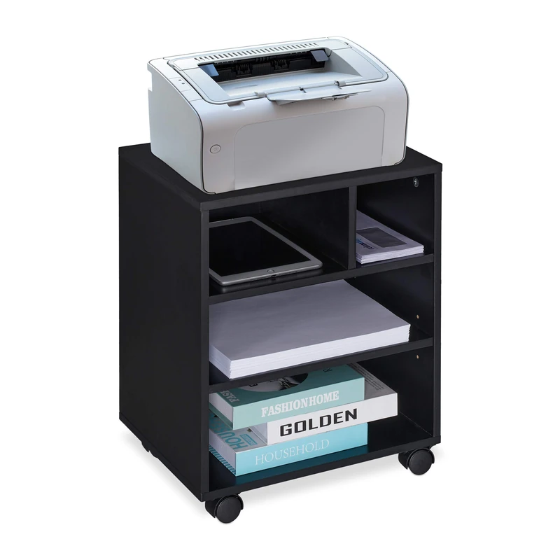 Relaxdays Office Cabinet, Storage, 4 Shelves, Cupboard, Tray, Home, Printer Table, Wheels, HxWxD: 49x40x30 cm, Black, Fibreboard, 49 x 40 x 30 cm - Image 1