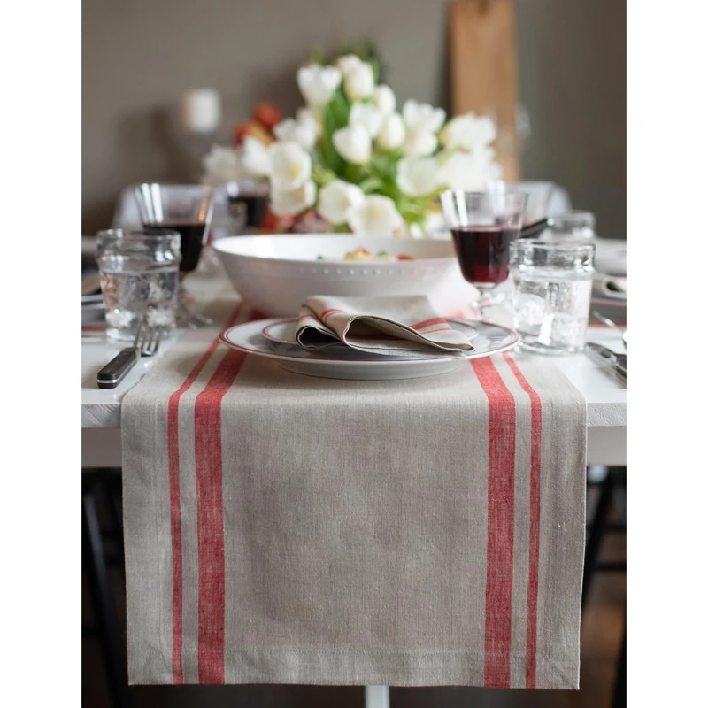 Solino Home Striped Linen Table Runner 108 Inches Long - French Stripe 100% Pure Linen Red and Natural Dining Table Runner 14 x 108 Inch