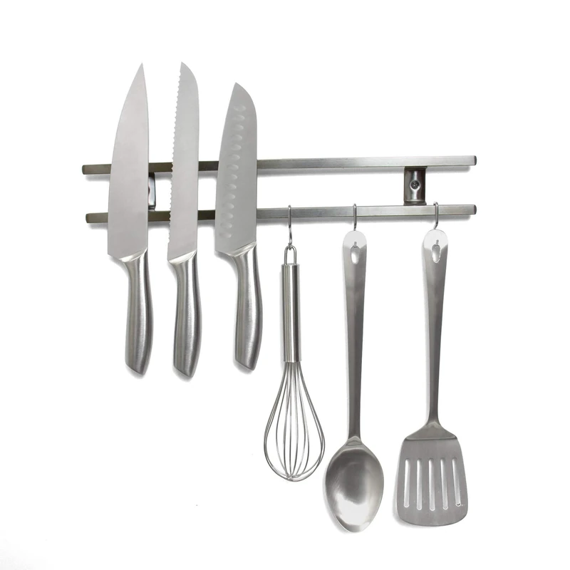 Silver Magnetic Knife Rack with 5 Hook Attachments for Kitchen, Home, Garage, Office and Shed