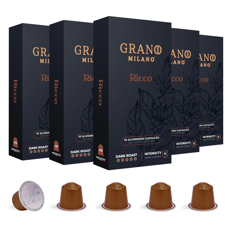 Grano Milano Ricco Coffee Capsules - 50 Aluminium Coffee Pods Compatible with Nespresso Original line, Dark Roast - Intensity 11/12, Made in Italy