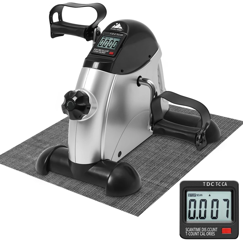 EVOLAND Mini Exercise Bike, Under Desk Bike Pedal Exerciser with Handle| Adjustable Resistance| LCD Display| Non-Slip Mat, Home and Office Workout Fitness Training for Unisex and Elderly (Gray)