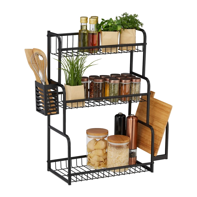 Relaxdays Kitchen Shelf for Worktop, 3 Levels, with Board & Cutlery Holder, Spice Rack, Metal, 60.5 x 53 x 22cm, Black