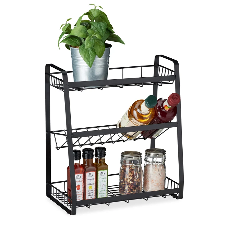 Relaxdays Metal Spice Rack, 3 Tiers, Standing Jar Holder, for Herbs, Kitchen Organiser, HxWxD: 38 x 35 x 18.5 cm, Black - Image 1