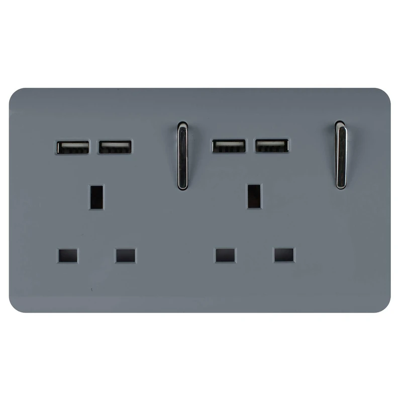 Trendi 2 Gang Artistic Modern Glossy 13 Amp 4x2.1mA USB Switched Plug Socket Warm Grey