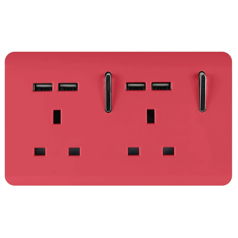 Trendi 2 Gang Artistic Modern Glossy 13 Amp 4x2.1mA USB Switched Plug Socket Strawberry
