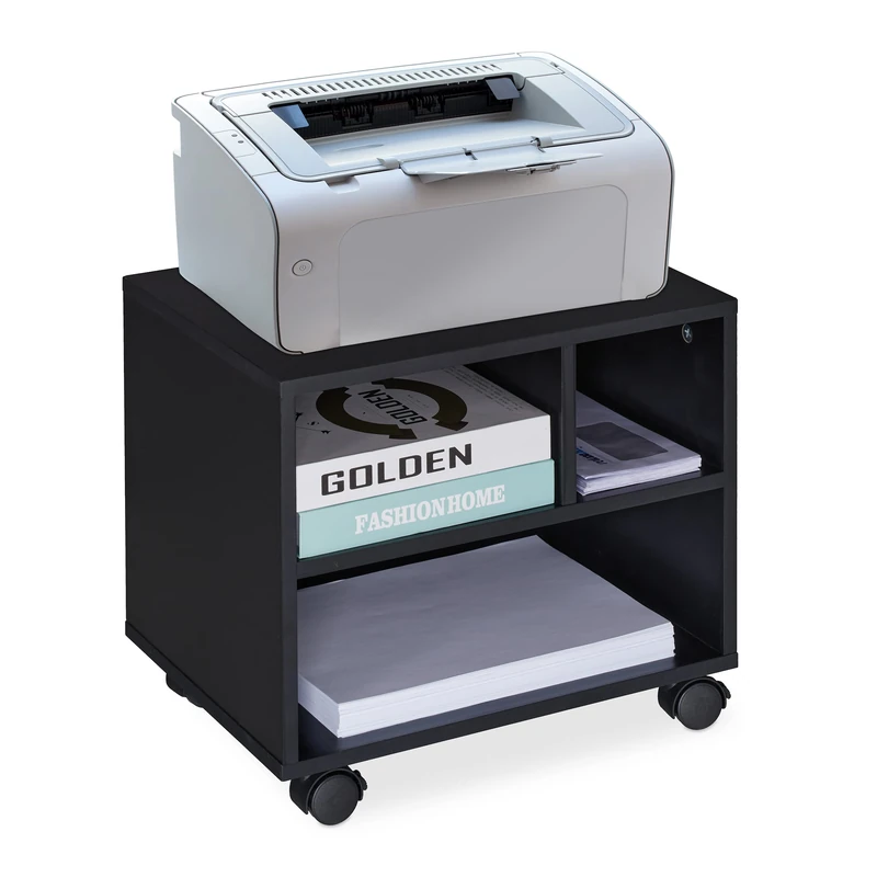 Relaxdays Office Cabinet, Storage, 3 Shelves, Cupboard, Tray, Home, Printer Table, Wheels, HxWxD: 35.5x40x30 cm, Black
